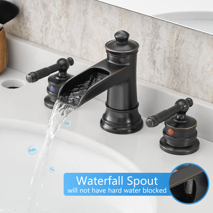 8-Inch Widespread Bathroom Sink Faucet, Oil-Rubbed Bronze Waterfall Faucet, 2-Handle 3-Hole Vanity Faucet with Pop-Up Drain Included
