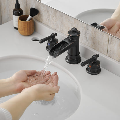 8-Inch Widespread Bathroom Sink Faucet, Oil-Rubbed Bronze Waterfall Faucet, 2-Handle 3-Hole Vanity Faucet with Pop-Up Drain Included