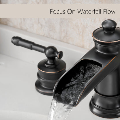 8-Inch Widespread Bathroom Sink Faucet, Oil-Rubbed Bronze Waterfall Faucet, 2-Handle 3-Hole Vanity Faucet with Pop-Up Drain Included