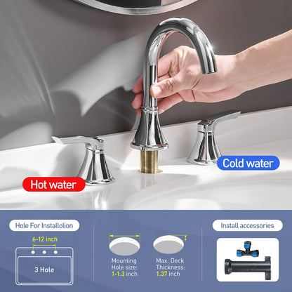 8-Inch Widespread Chrome Bathroom Sink Faucet, Stainless Steel 2-Handle 3-Hole Vanity Faucet with Pop-Up Drain Included