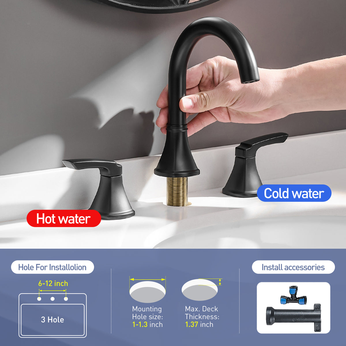 8-Inch Widespread Matte Black Bathroom Sink Faucet, Stainless Steel 2-Handle 3-Hole Vanity Faucet with Pop-Up Drain Included