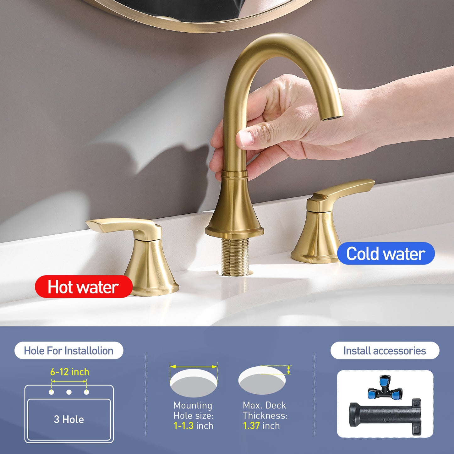 8-Inch Widespread Brushed Gold Bathroom Sink Faucet, Stainless Steel 2-Handle 3-Hole Vanity Faucet with Pop-Up Drain Included
