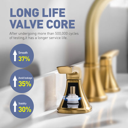 8-Inch Widespread Brushed Gold Bathroom Sink Faucet, Stainless Steel 2-Handle 3-Hole Vanity Faucet with Pop-Up Drain Included