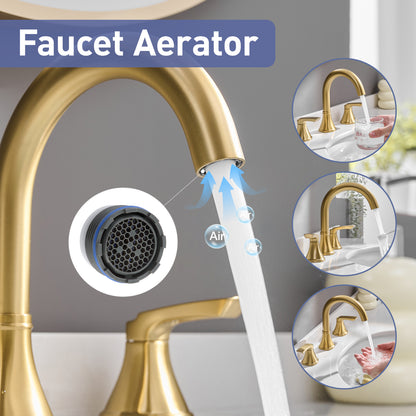 8-Inch Widespread Brushed Gold Bathroom Sink Faucet, Stainless Steel 2-Handle 3-Hole Vanity Faucet with Pop-Up Drain Included