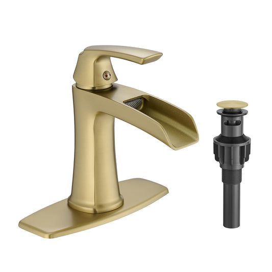 Solid Brass Brushed Gold Waterfall Bathroom Sink Faucet, Single Handle Vanity Faucet with Pop-Up Drain and Deck Plate