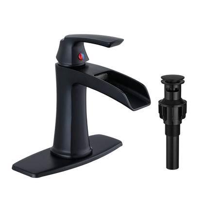 Solid Brass Matte Black Waterfall Bathroom Sink Faucet, Single Handle Vanity Faucet with Pop-Up Drain and Deck Plate