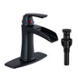 Solid Brass Matte Black Waterfall Bathroom Sink Faucet, Single Handle Vanity Faucet with Pop-Up Drain and Deck Plate