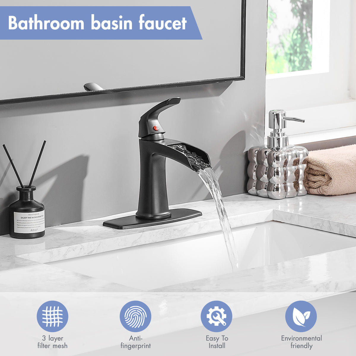 Solid Brass Matte Black Waterfall Bathroom Sink Faucet, Single Handle Vanity Faucet with Pop-Up Drain and Deck Plate