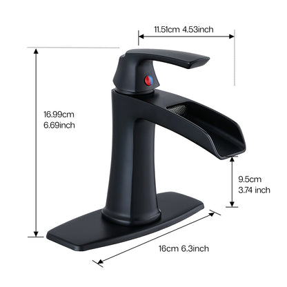 Solid Brass Matte Black Waterfall Bathroom Sink Faucet, Single Handle Vanity Faucet with Pop-Up Drain and Deck Plate