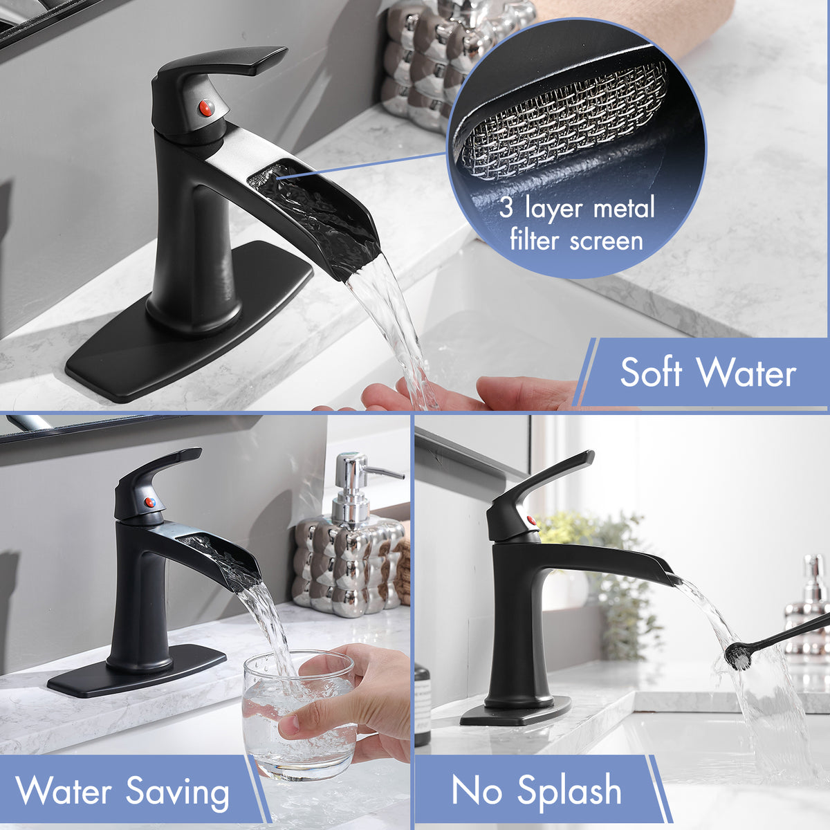 Solid Brass Matte Black Waterfall Bathroom Sink Faucet, Single Handle Vanity Faucet with Pop-Up Drain and Deck Plate