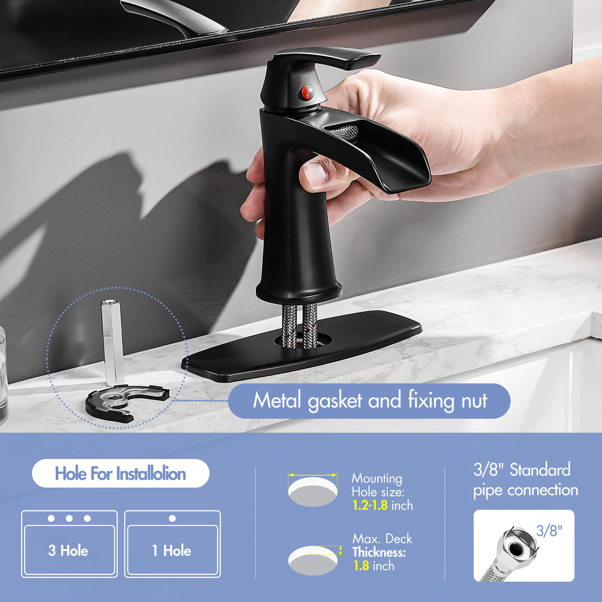 Solid Brass Matte Black Waterfall Bathroom Sink Faucet, Single Handle Vanity Faucet with Pop-Up Drain and Deck Plate