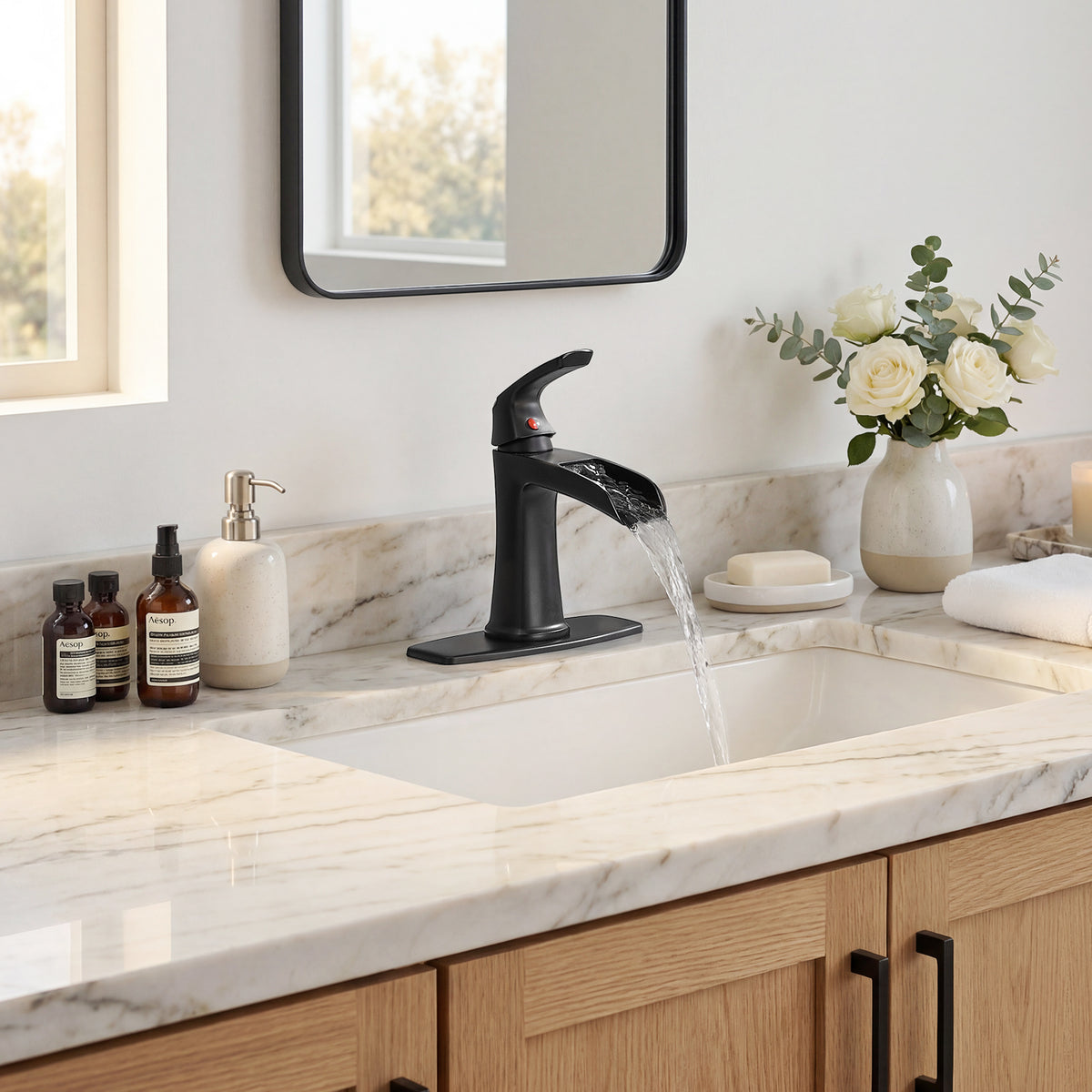 Solid Brass Matte Black Waterfall Bathroom Sink Faucet, Single Handle Vanity Faucet with Pop-Up Drain and Deck Plate