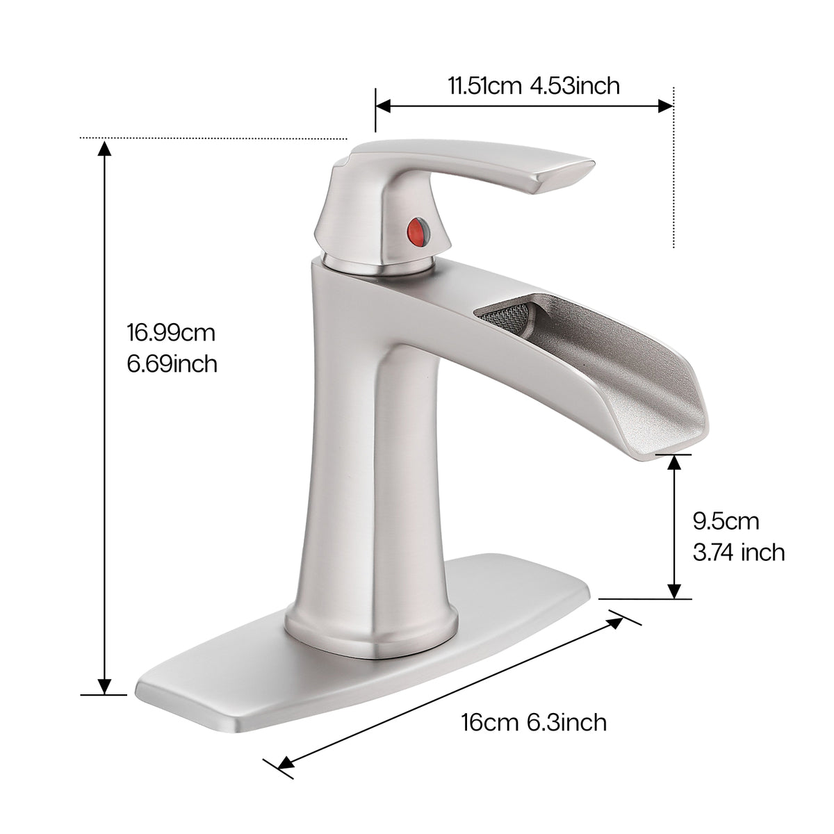 Solid Brass Brushed Nickel Waterfall Bathroom Sink Faucet, Single Handle Vanity Faucet with Pop-Up Drain and Deck Plate