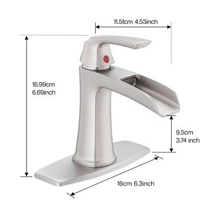 Solid Brass Brushed Nickel Waterfall Bathroom Sink Faucet, Single Handle Vanity Faucet with Pop-Up Drain and Deck Plate
