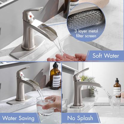 Solid Brass Brushed Nickel Waterfall Bathroom Sink Faucet, Single Handle Vanity Faucet with Pop-Up Drain and Deck Plate