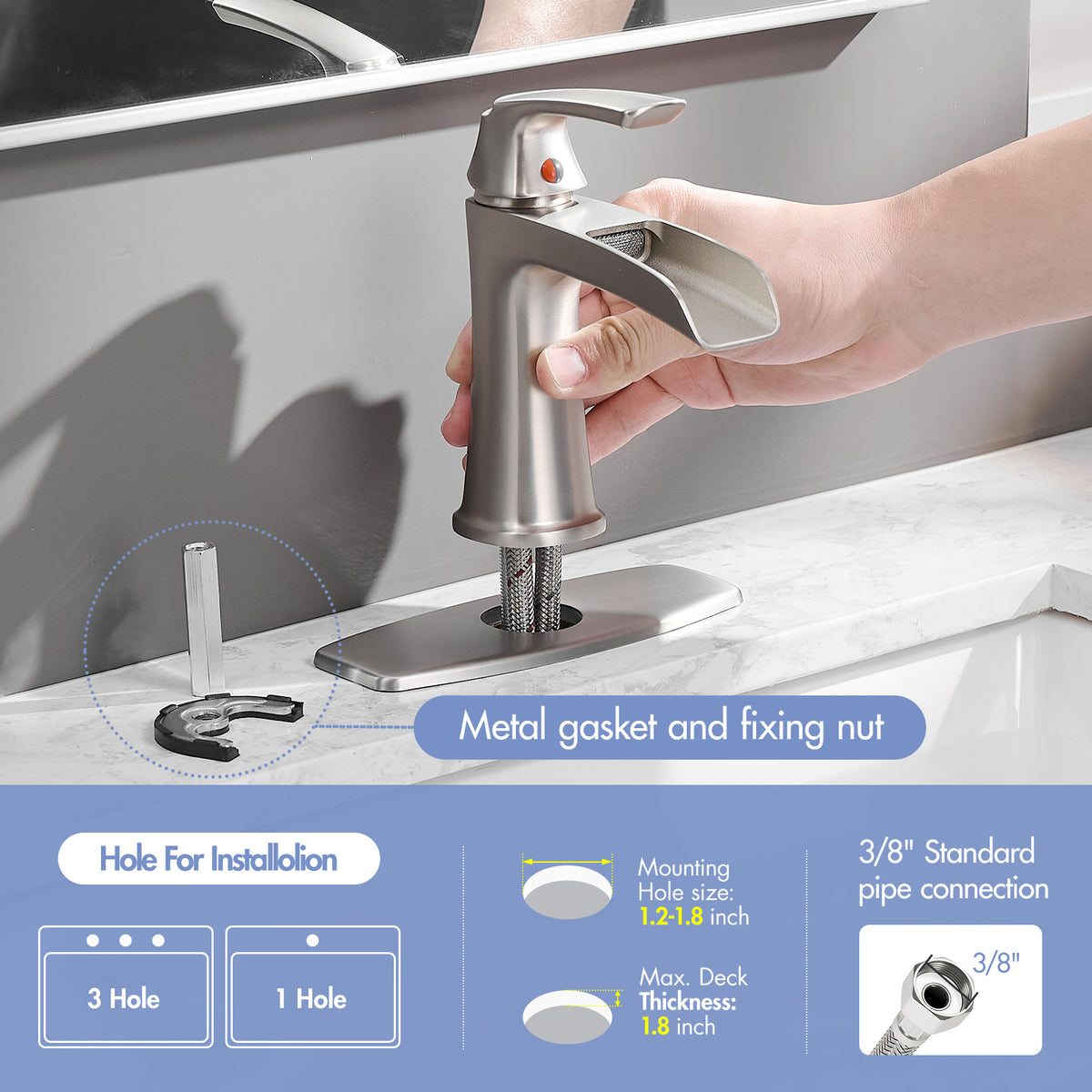 Solid Brass Brushed Nickel Waterfall Bathroom Sink Faucet, Single Handle Vanity Faucet with Pop-Up Drain and Deck Plate