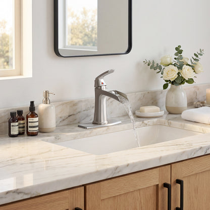 Solid Brass Brushed Nickel Waterfall Bathroom Sink Faucet, Single Handle Vanity Faucet with Pop-Up Drain and Deck Plate