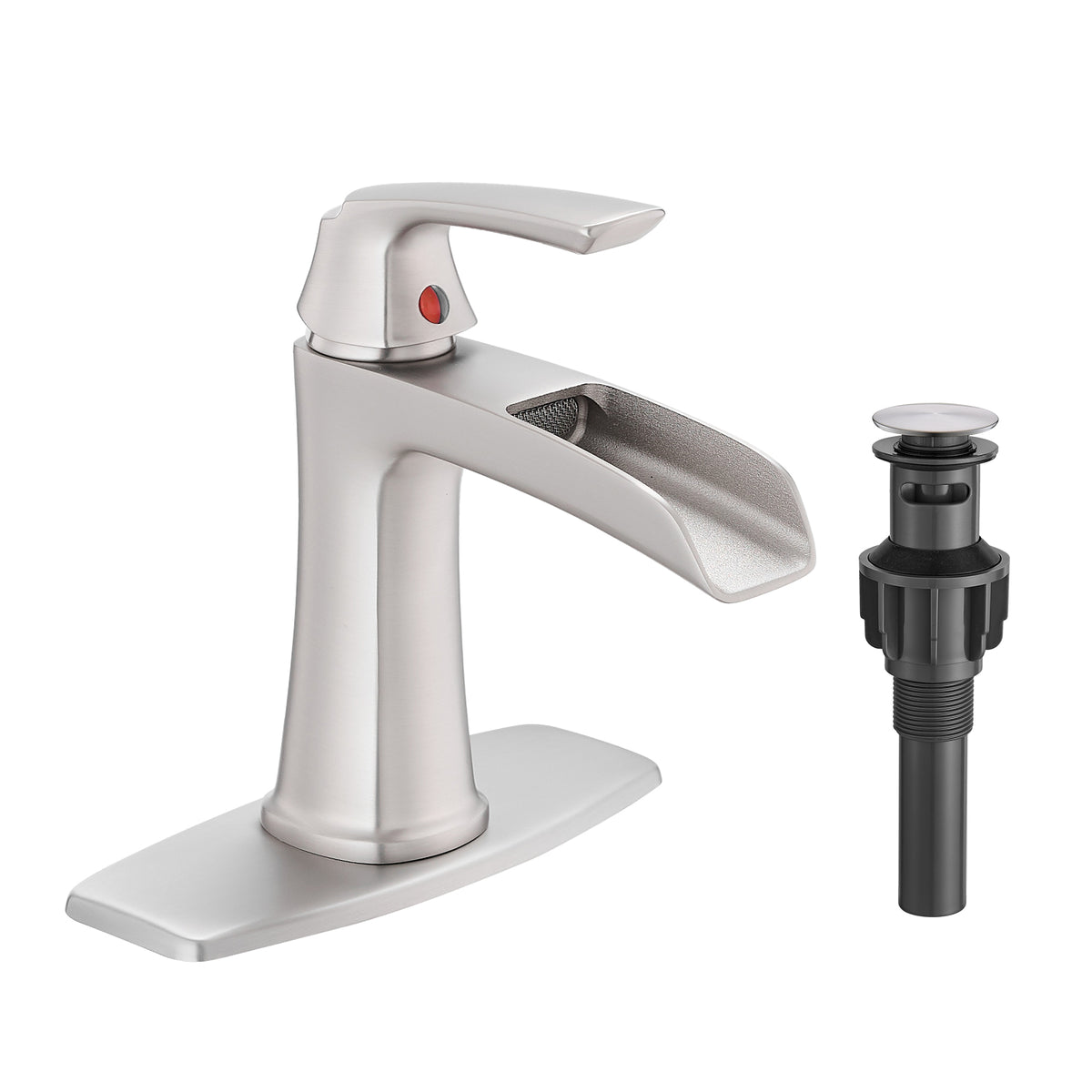 Solid Brass Brushed Nickel Waterfall Bathroom Sink Faucet, Single Handle Vanity Faucet with Pop-Up Drain and Deck Plate
