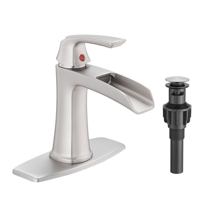 Solid Brass Brushed Nickel Waterfall Bathroom Sink Faucet, Single Handle Vanity Faucet with Pop-Up Drain and Deck Plate