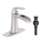 Solid Brass Brushed Nickel Waterfall Bathroom Sink Faucet, Single Handle Vanity Faucet with Pop-Up Drain and Deck Plate