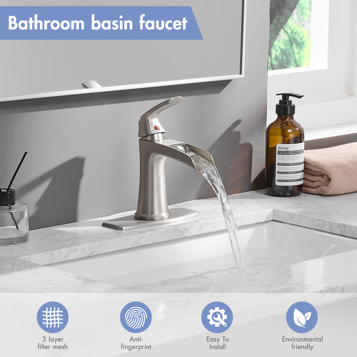 Solid Brass Brushed Nickel Waterfall Bathroom Sink Faucet, Single Handle Vanity Faucet with Pop-Up Drain and Deck Plate