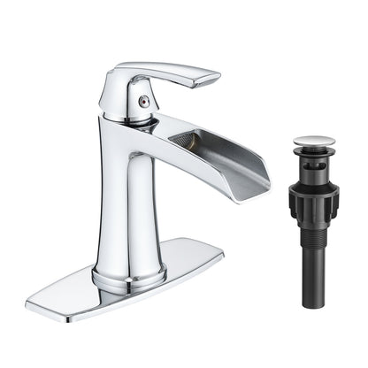 Solid Brass Chrome Waterfall Bathroom Sink Faucet, Single Handle Vanity Faucet with Pop-Up Drain and Deck Plate