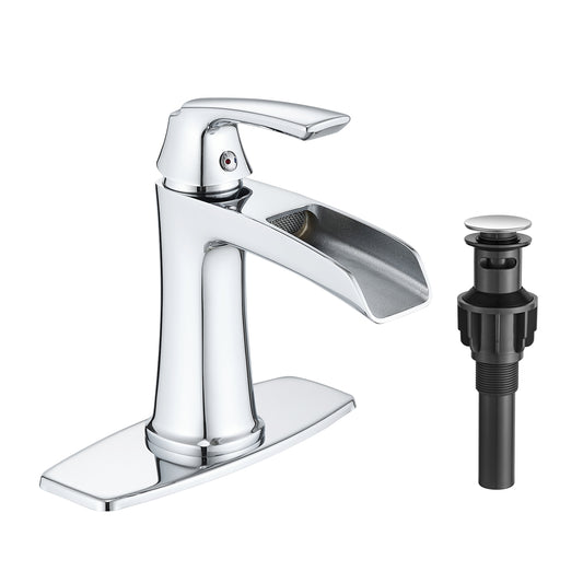 Solid Brass Chrome Waterfall Bathroom Sink Faucet, Single Handle Vanity Faucet with Pop-Up Drain and Deck Plate