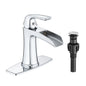 Solid Brass Chrome Waterfall Bathroom Sink Faucet, Single Handle Vanity Faucet with Pop-Up Drain and Deck Plate