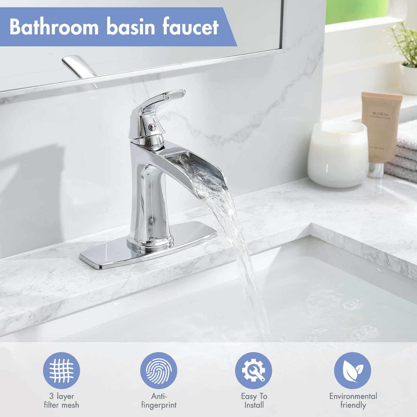 Solid Brass Chrome Waterfall Bathroom Sink Faucet, Single Handle Vanity Faucet with Pop-Up Drain and Deck Plate