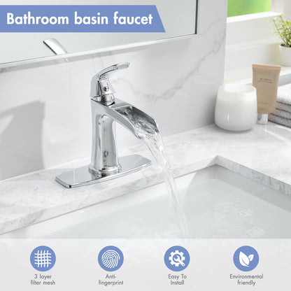 Solid Brass Chrome Waterfall Bathroom Sink Faucet, Single Handle Vanity Faucet with Pop-Up Drain and Deck Plate