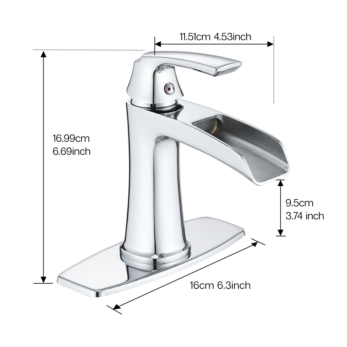 Solid Brass Chrome Waterfall Bathroom Sink Faucet, Single Handle Vanity Faucet with Pop-Up Drain and Deck Plate