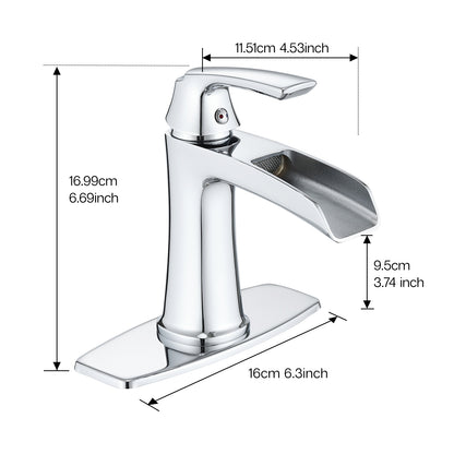 Solid Brass Chrome Waterfall Bathroom Sink Faucet, Single Handle Vanity Faucet with Pop-Up Drain and Deck Plate