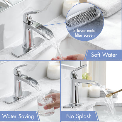 Solid Brass Chrome Waterfall Bathroom Sink Faucet, Single Handle Vanity Faucet with Pop-Up Drain and Deck Plate