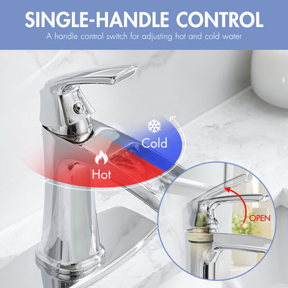 Solid Brass Chrome Waterfall Bathroom Sink Faucet, Single Handle Vanity Faucet with Pop-Up Drain and Deck Plate