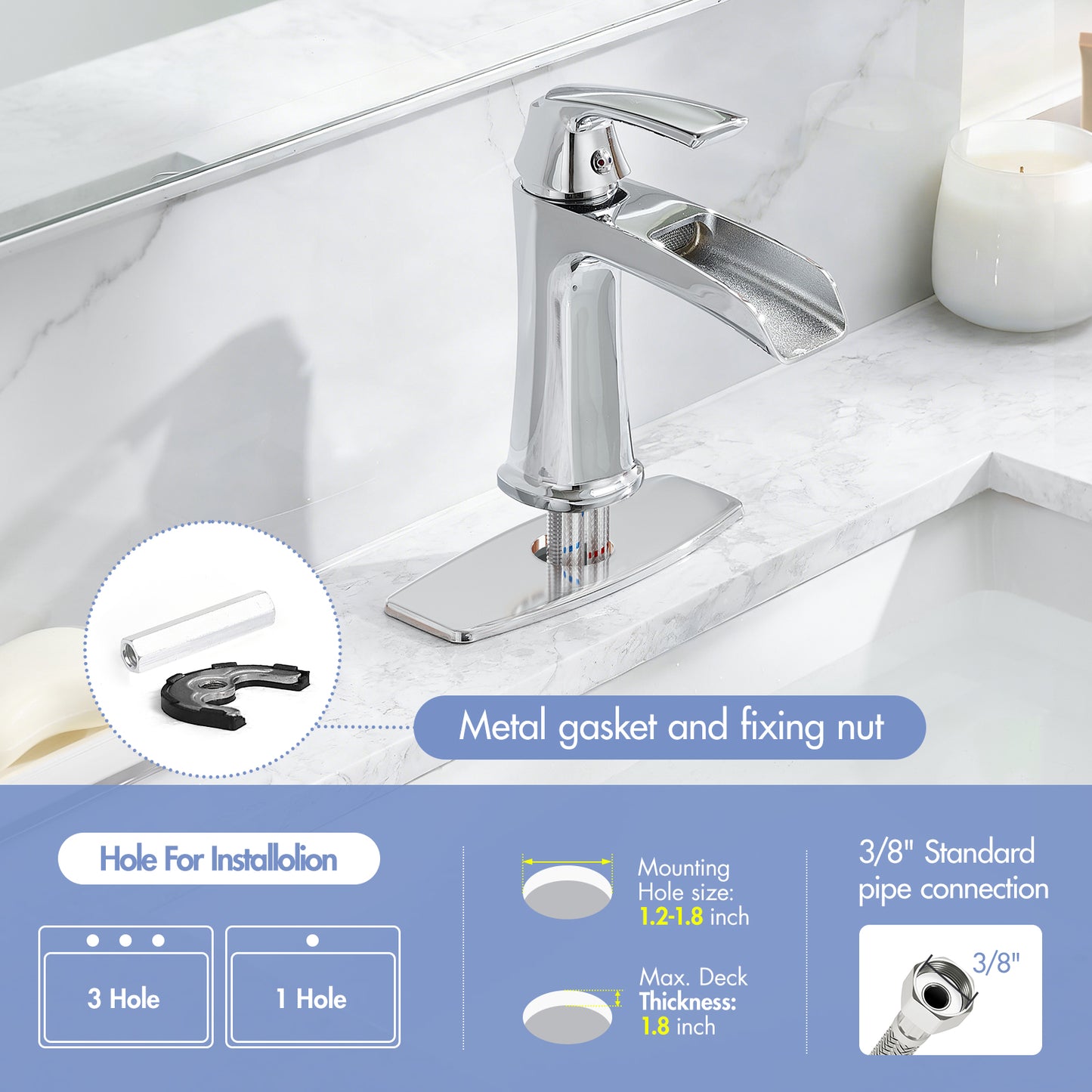 Solid Brass Chrome Waterfall Bathroom Sink Faucet, Single Handle Vanity Faucet with Pop-Up Drain and Deck Plate