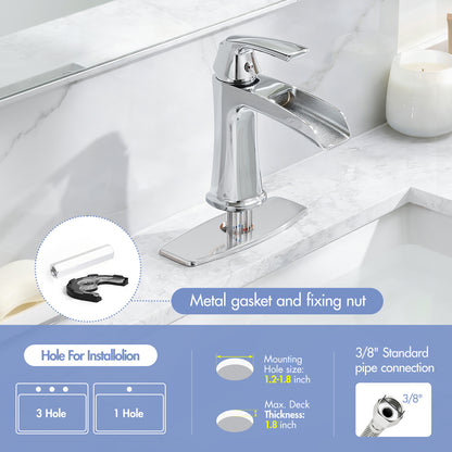 Solid Brass Chrome Waterfall Bathroom Sink Faucet, Single Handle Vanity Faucet with Pop-Up Drain and Deck Plate