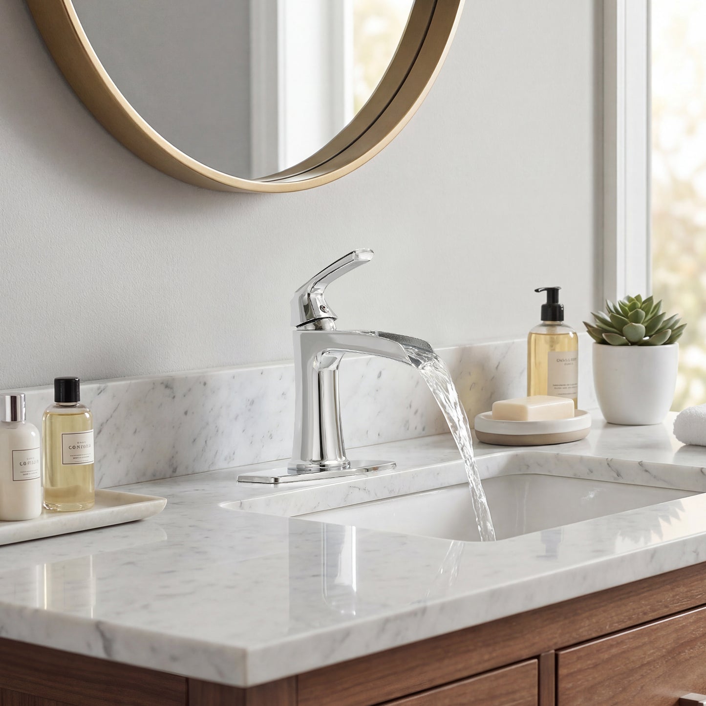 Solid Brass Chrome Waterfall Bathroom Sink Faucet, Single Handle Vanity Faucet with Pop-Up Drain and Deck Plate