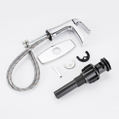 Solid Brass Chrome Waterfall Bathroom Sink Faucet, Single Handle Vanity Faucet with Pop-Up Drain and Deck Plate