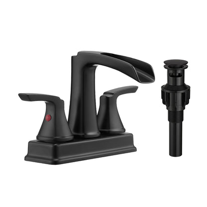 Solid Brass Matte Black 4-Inch Centerset Bathroom Sink Faucet, Two-Handle Waterfall Faucet with 360° Swivel Spout & Pop-Up Drain