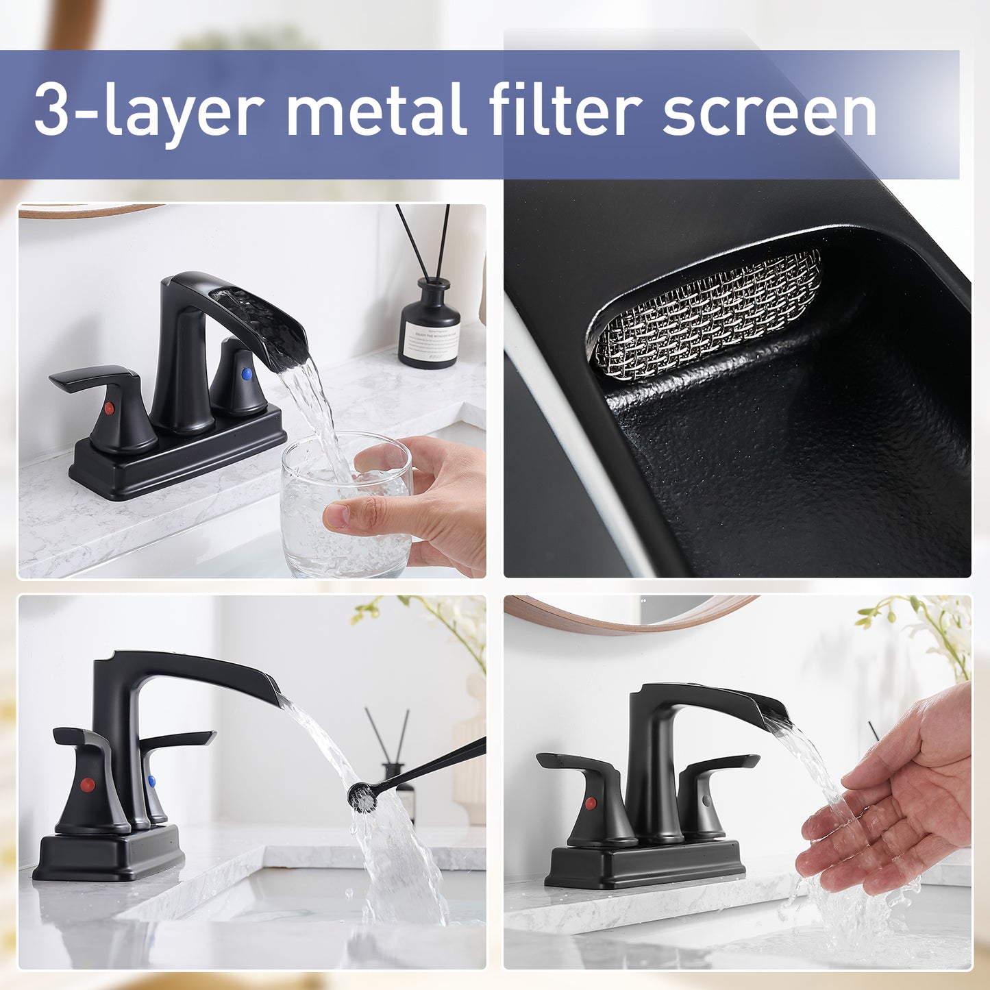 Solid Brass Matte Black 4-Inch Centerset Bathroom Sink Faucet, Two-Handle Waterfall Faucet with 360° Swivel Spout & Pop-Up Drain