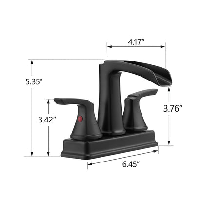Solid Brass Matte Black 4-Inch Centerset Bathroom Sink Faucet, Two-Handle Waterfall Faucet with 360° Swivel Spout & Pop-Up Drain