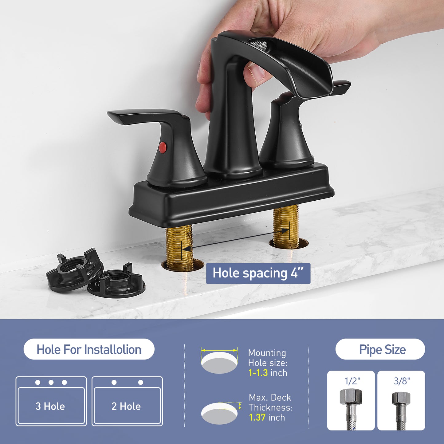 Solid Brass Matte Black 4-Inch Centerset Bathroom Sink Faucet, Two-Handle Waterfall Faucet with 360° Swivel Spout & Pop-Up Drain