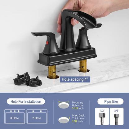 Solid Brass Matte Black 4-Inch Centerset Bathroom Sink Faucet, Two-Handle Waterfall Faucet with 360° Swivel Spout & Pop-Up Drain