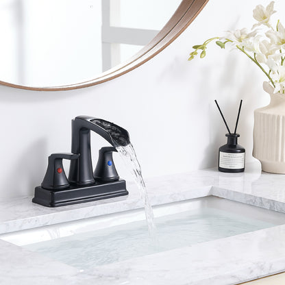 Solid Brass Matte Black 4-Inch Centerset Bathroom Sink Faucet, Two-Handle Waterfall Faucet with 360° Swivel Spout & Pop-Up Drain