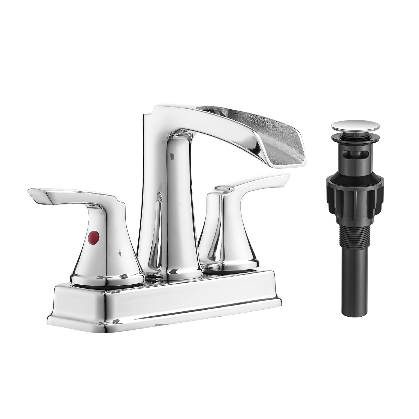 Solid Brass Chrome 4-Inch Centerset Bathroom Sink Faucet, Two-Handle Waterfall Faucet with 360° Swivel Spout & Pop-Up Drain