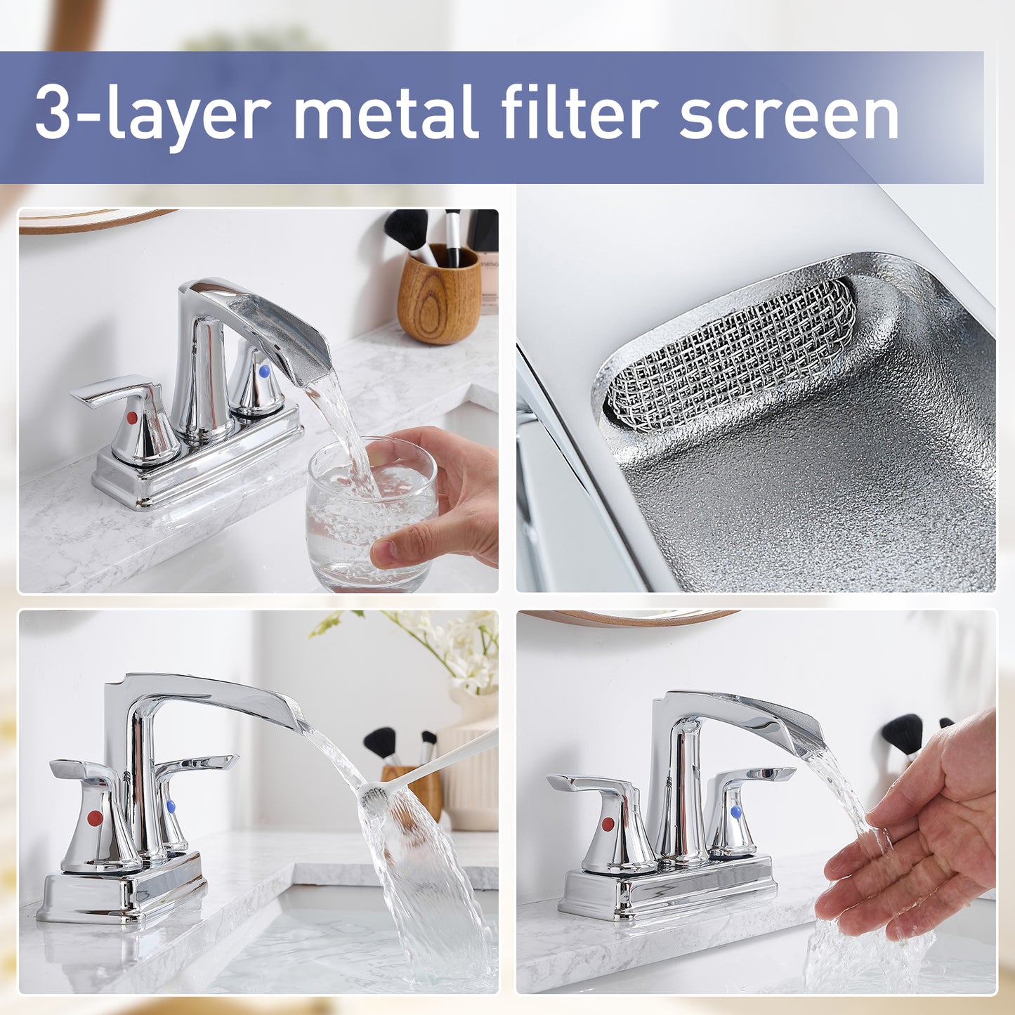 Solid Brass Chrome 4-Inch Centerset Bathroom Sink Faucet, Two-Handle Waterfall Faucet with 360° Swivel Spout & Pop-Up Drain