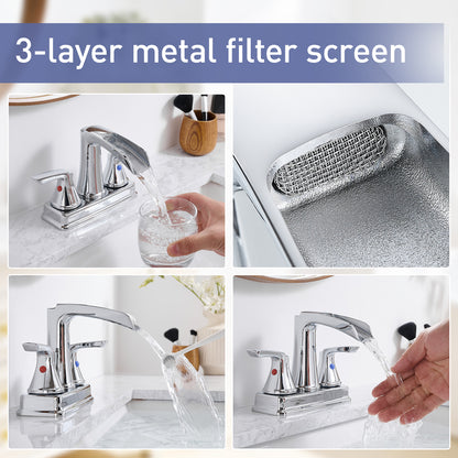 Solid Brass Chrome 4-Inch Centerset Bathroom Sink Faucet, Two-Handle Waterfall Faucet with 360° Swivel Spout & Pop-Up Drain