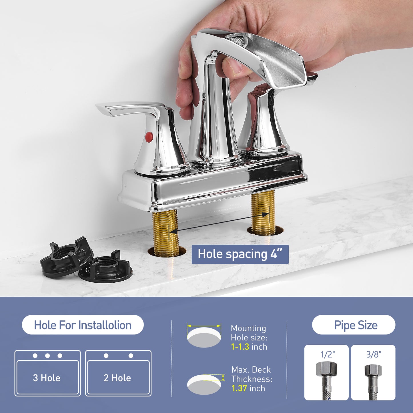 Solid Brass Chrome 4-Inch Centerset Bathroom Sink Faucet, Two-Handle Waterfall Faucet with 360° Swivel Spout & Pop-Up Drain