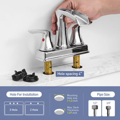 Solid Brass Chrome 4-Inch Centerset Bathroom Sink Faucet, Two-Handle Waterfall Faucet with 360° Swivel Spout & Pop-Up Drain