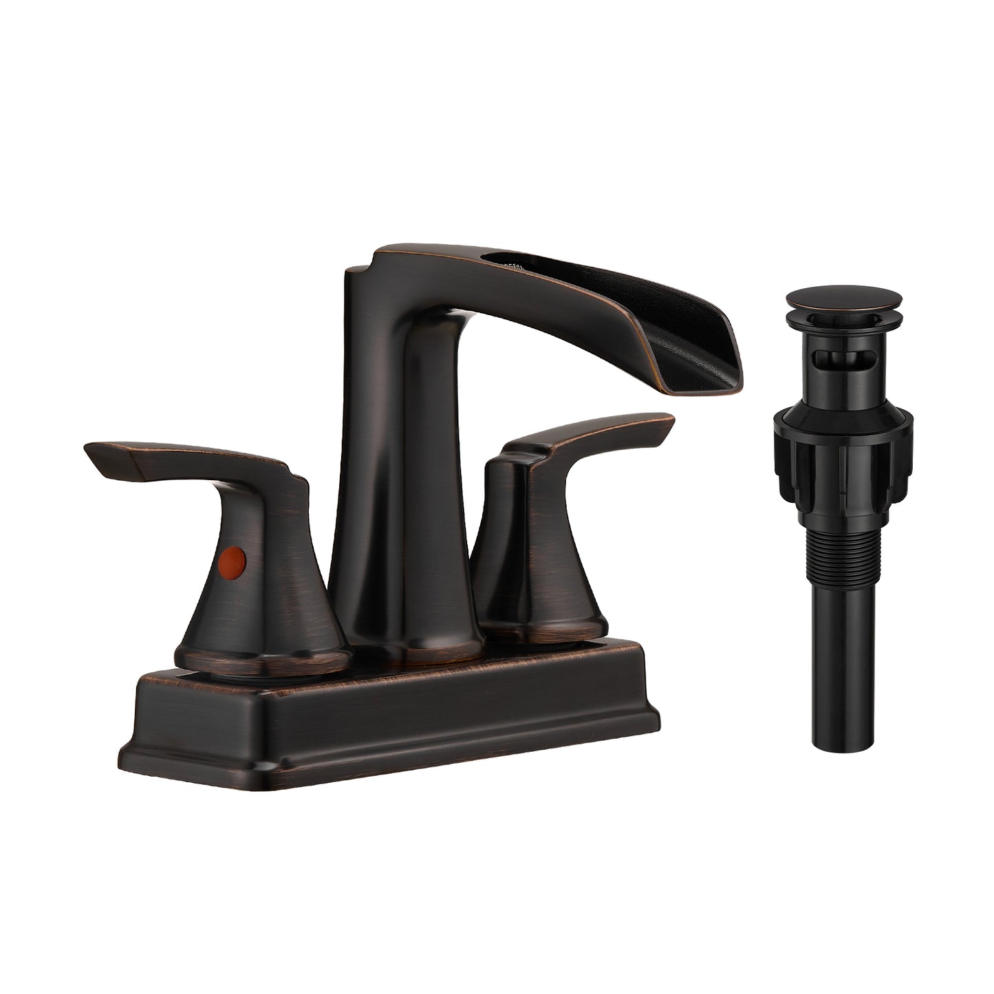 Solid Brass Oil-Rubbed Bronze 4-Inch Centerset Bathroom Sink Faucet, Two-Handle Waterfall Faucet with 360° Swivel Spout & Pop-Up Drain